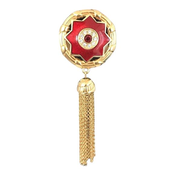 Authentic Swan Signed SWAROVSKI Pin Crystals Tassel Red Enamel Star Brooch 1T - Picture 1 of 5